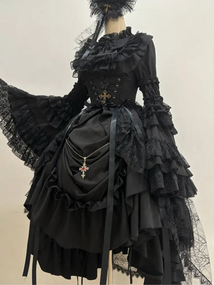 Schwarzes Lolita-Korsett mit hoher Taille und Kordelzug / Gothic-Rock mit Stäbchen