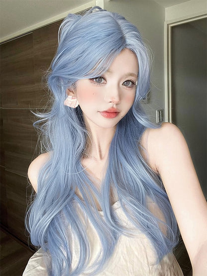 カーテンバング付きブルーロングウェーブ合成ウィッグ
