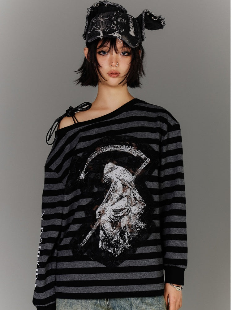 Schwarz-graues Streifen-Applikationsdesign, asymmetrischer Ausschnitt, Kordelzug, Punk-Top