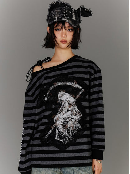Schwarz-graues Streifen-Applikationsdesign, asymmetrischer Ausschnitt, Kordelzug, Punk-Top