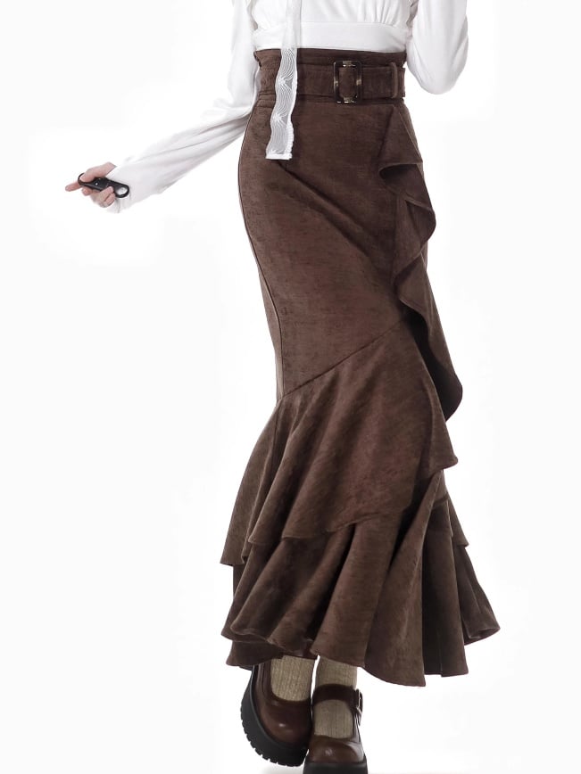 Coffee High-Waisted Mermaid Skirt with Flounce Hem