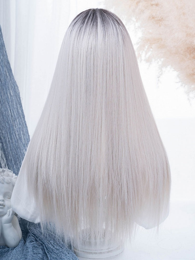 Milchweiße lange glatte Kunsthaarperücke mit Pony