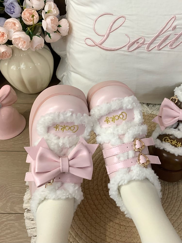 Pink Sweet Lolita Platforms with Strawberry Snap & Detachable Bow Accents