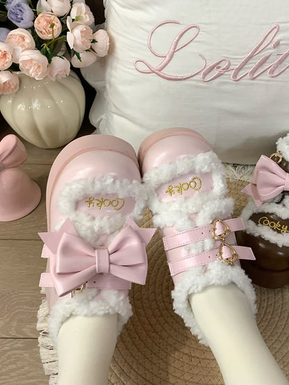 Pink Sweet Lolita Platforms with Strawberry Snap & Detachable Bow Accents