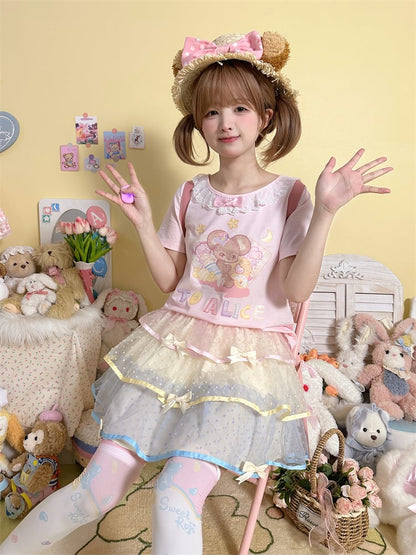 ショートバージョン 愛らしいマウスプリント ホワイト/ピンク レーストリム Tシャツ