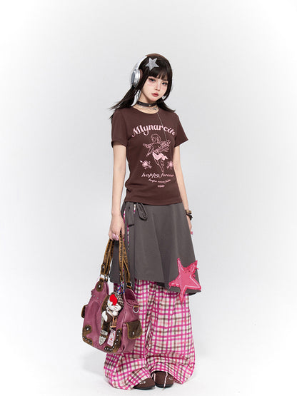 Pink Low-Rise Drawstring Pants Adjustable Checkered Wide-Leg with Waist