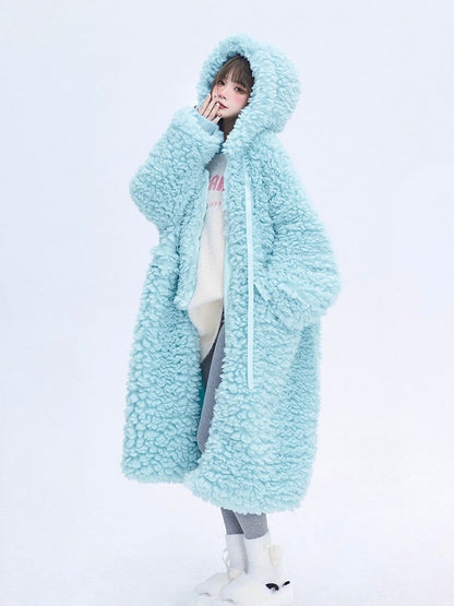Light Winter Coat Blue for Hooded Drawstrings Fleece Long with