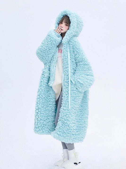 Light Winter Coat Blue for Hooded Drawstrings Fleece Long with