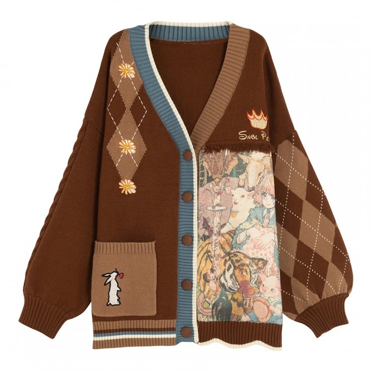 Braune Strickjacke mit Hasenstickerei und Gänseblümchen