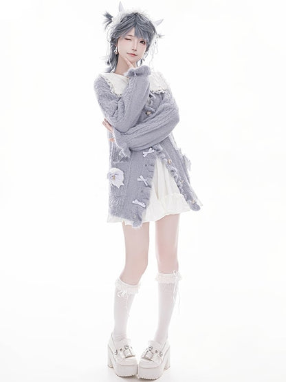 Jirai Kei – Weiche Strickjacke im Landminen-Stil mit grauen Schleifenakzenten