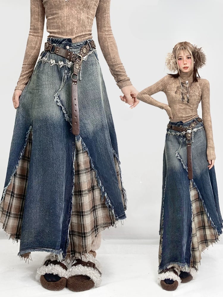 Denim&Plaid Patchwork Asymmetrical Hem Skirt