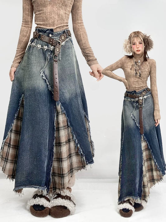 Denim&Plaid Patchwork Asymmetrical Hem Skirt
