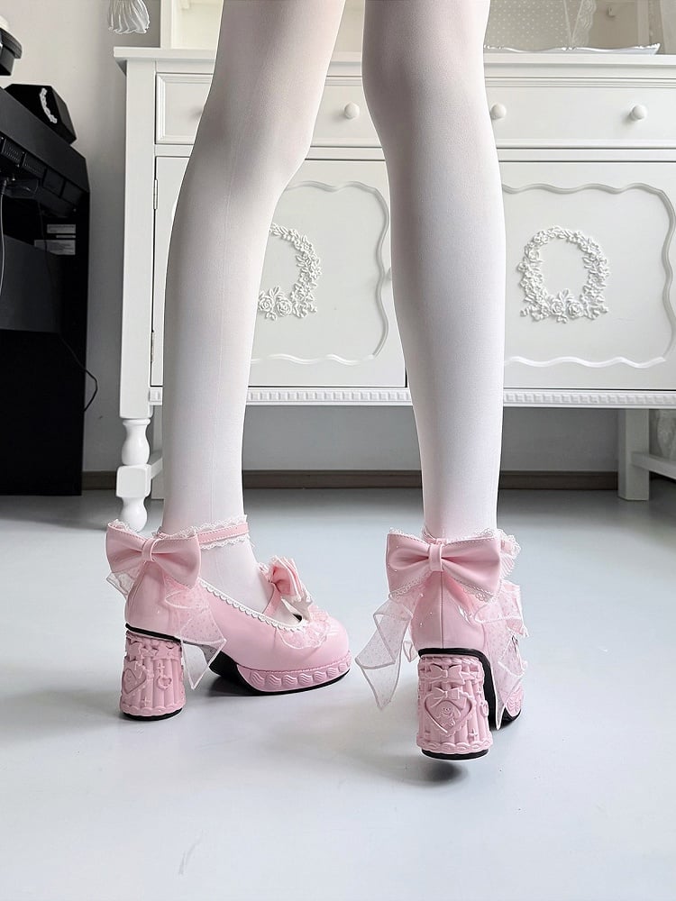 Strawberry Cream Theme Pink Lolita Shoes with Kawaii Heart & Bowknot Decor Heels - Cute Bunny