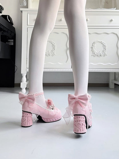 Strawberry Cream Theme Pink Lolita Shoes with Kawaii Heart & Bowknot Decor Heels - Cute Bunny