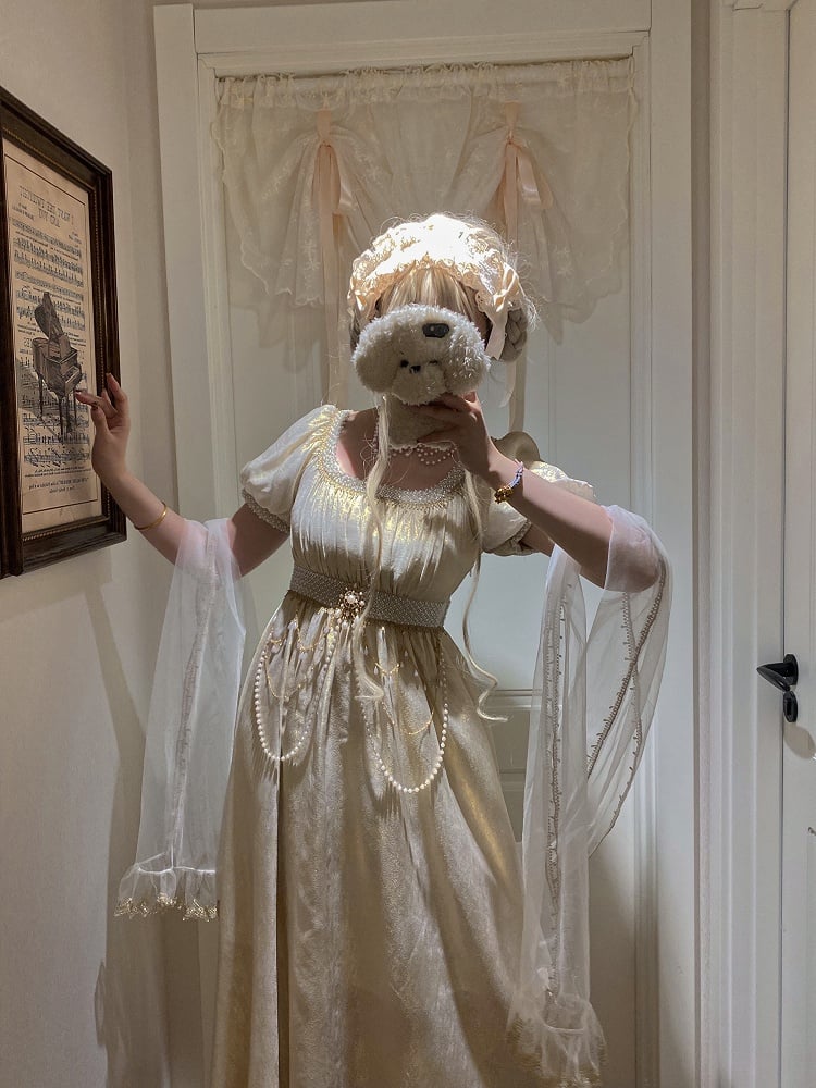 Champagne Empire Waist Lolita OP Dress with Beadwork - Qian Mu