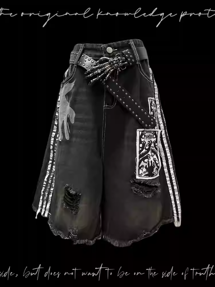 Embellished Distressed Holes Stripes Raw Hem Appliques Black  White Denim Shorts