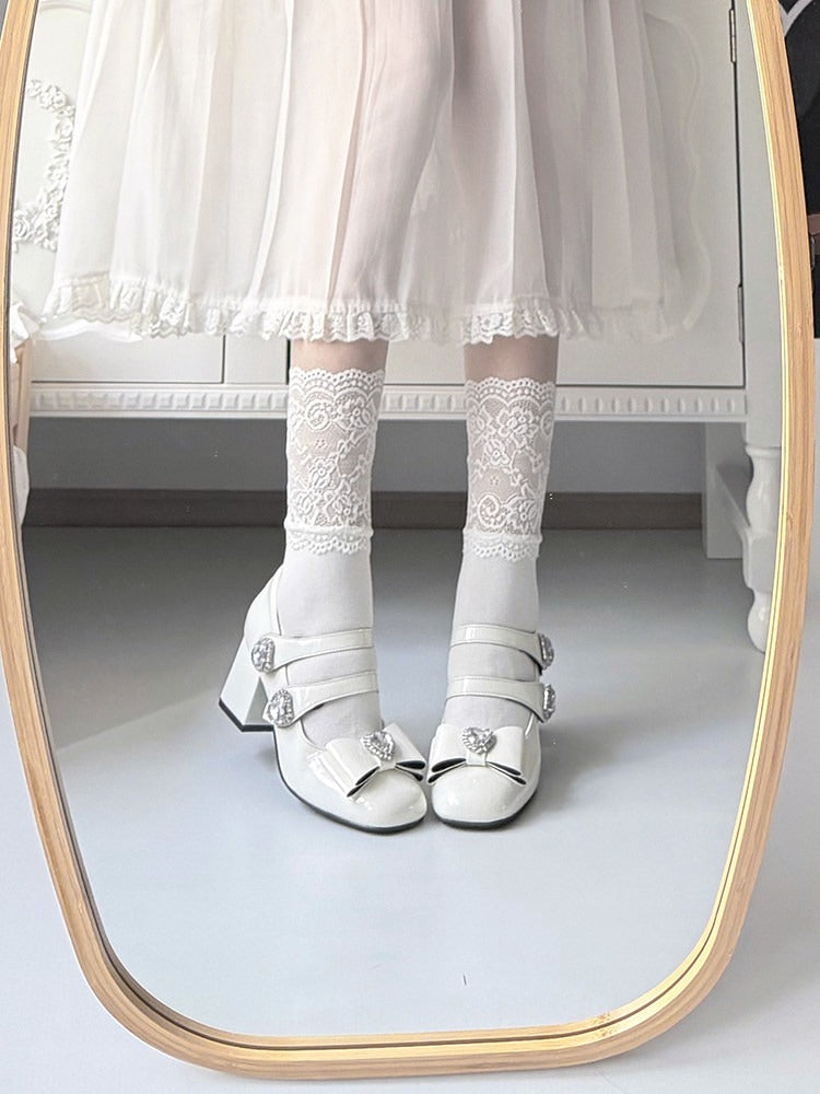 Elegant White Crystal Embellished Square Toe Mary Jane Shoes with Heart Buckle Straps - Transfer Student