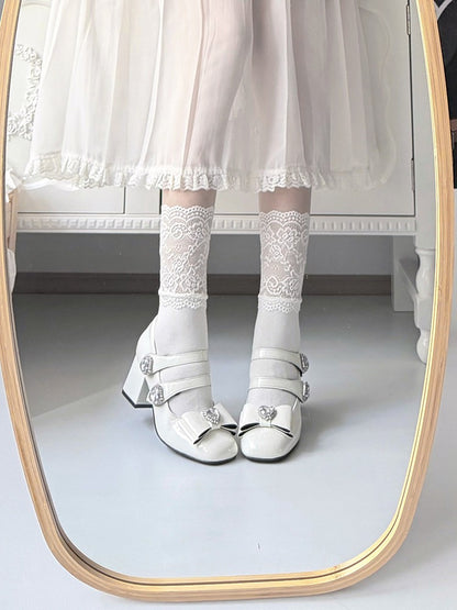 Elegant White Crystal Embellished Square Toe Mary Jane Shoes with Heart Buckle Straps - Transfer Student