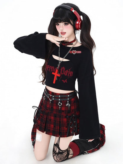 Black/Wine Buckle Bittersweet - Sleeves Long Set Butterfly Top Print Red with Cropped Letter Heart Decor Cami