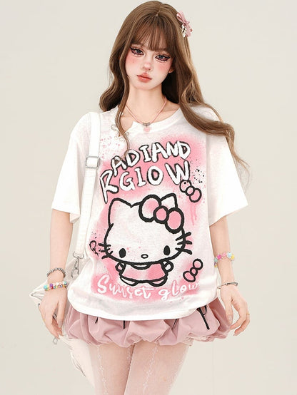 ピンク/ホワイト キティプリント ルーズTシャツ