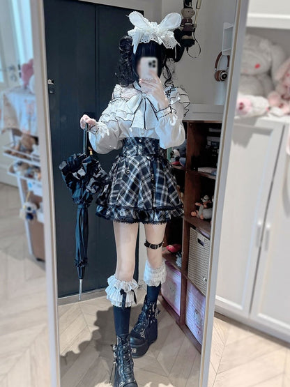 Monochrome Cutout Shoulder Long-Sleeve Bow Ruffle Blouse - YoshiKi