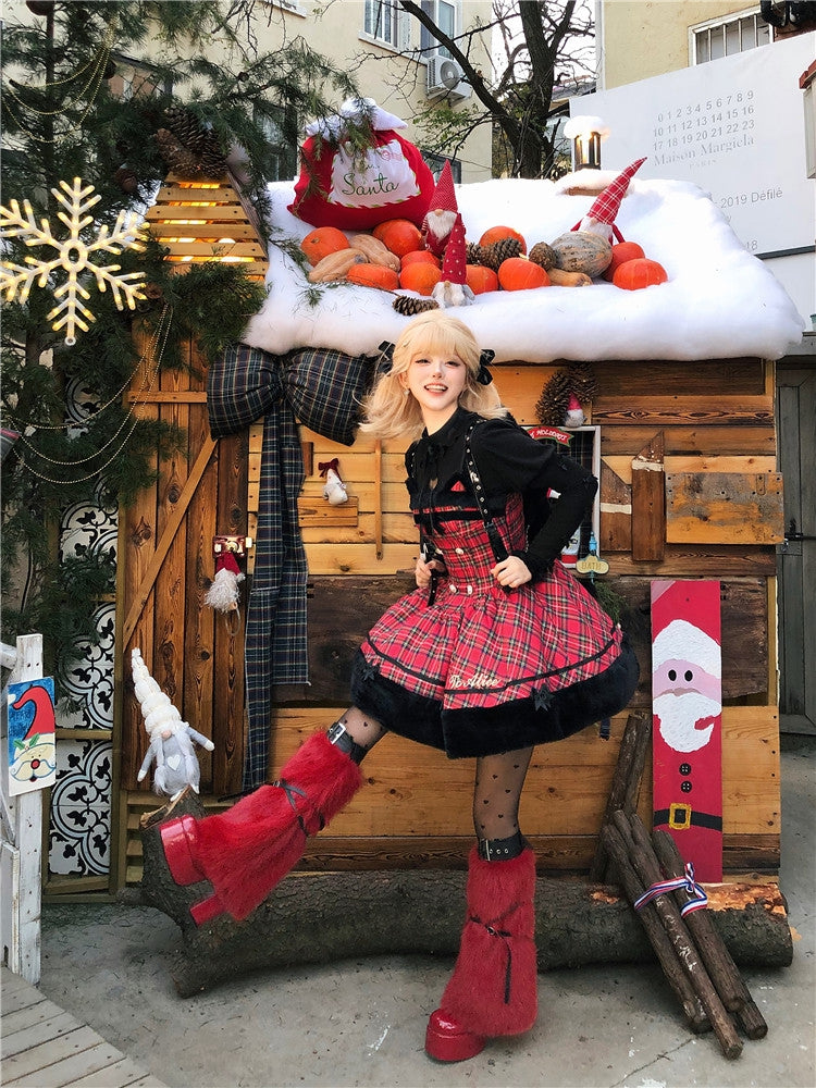 Weihnachten Rote Katzenohren Plüsch Saum Plaid Kleid Lolita Pullover Rock