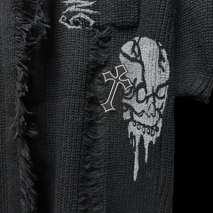 Gothic Punk Schwarzes Kreuz und Skelett Distressed Holes Cardigan Raw Edge
