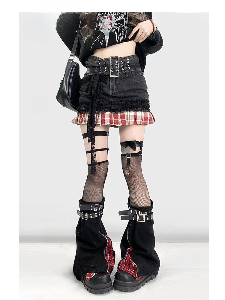 Stulpen Muster Rock + Schnalle Riemen Schwarz Denim Y2K Rot Bein Saum Plaid
