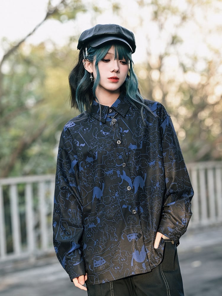Kitty Print Black Long-Sleeve Shirt with Shell Buttons - Quirky Hut