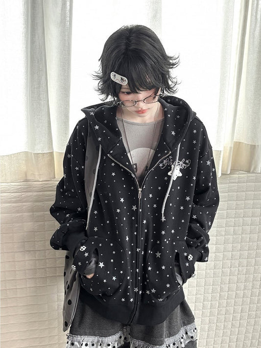 Jacket Pattern with Cuffs Star Elastic Black Kawaii Hoodie Daily