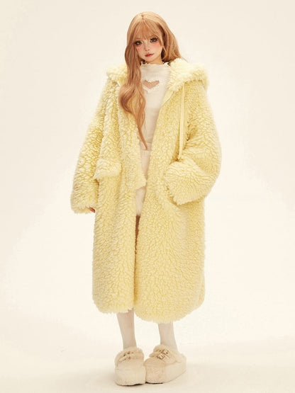 Drawstrings Hooded Coat Winter Fleece with Long Yellow