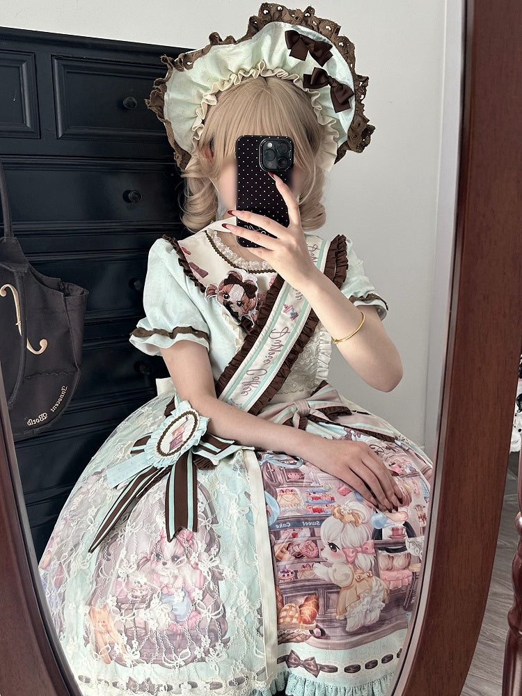 Print Lolita Coffee Overlay Green Puppy's Sweet House Detachable with Dress
