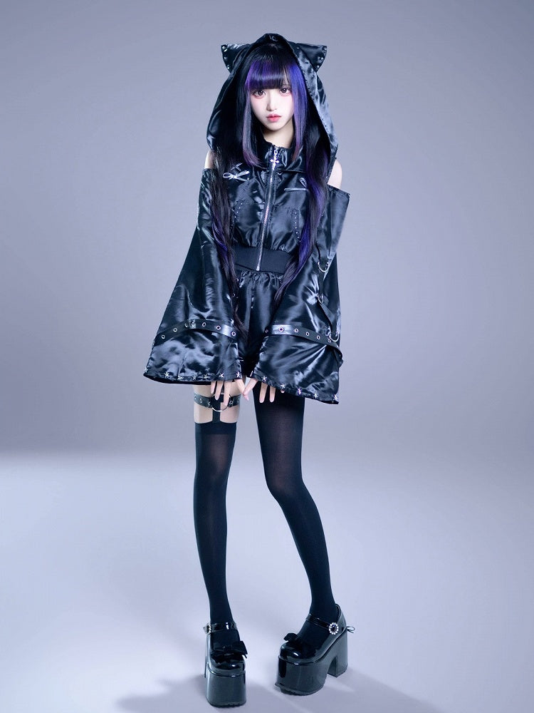 Glossy Gothic Jirai-kei Black 2-Piece Set Cat Ear Hooded Cutout Shoulder Top + Shorts with Leg Garter - Bug Starting