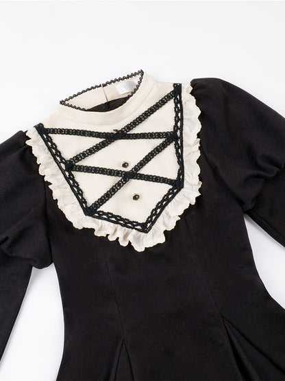 Schwarzes elegantes Juliette-Ärmelkleid Nonne Lolita Langarm Einteiler