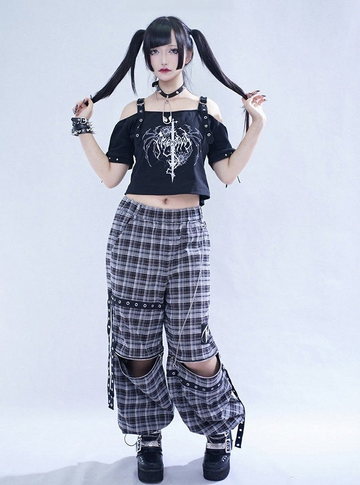 Black Plaid Pants with Detachable Legs & Chain Accents - Tribuo Flos