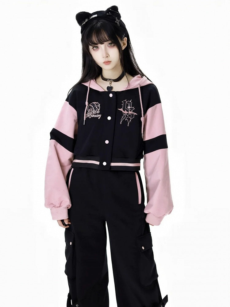 Schwarze und rosa Baseballjacke mit Kapuze, kurze/lange Version