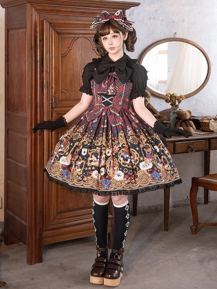 Lolita Trim Details Dress with Sweet Bear Black Lace Red Bow Print Plaid and