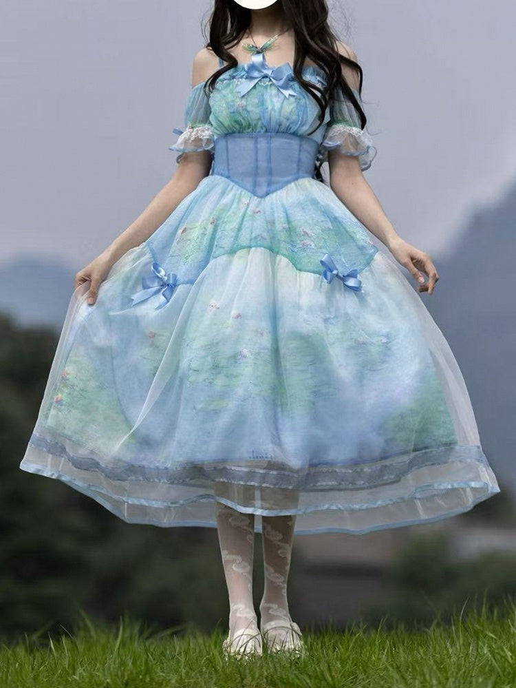 Water Lily Print Basque Waist Sky Dress with Organza Overlay Oil Painting Blue