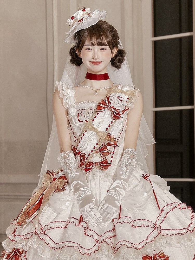 Veil Mini Hat and Red Lolita White with Lace Bowknots Trim