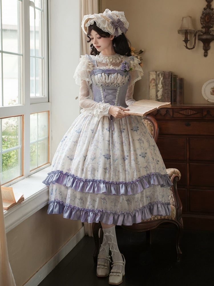 Voller Lolita-Druck, Iris, Blumenmuster, Miederkleid mit Knochen, Korsett, klassisch, Lila, JSK