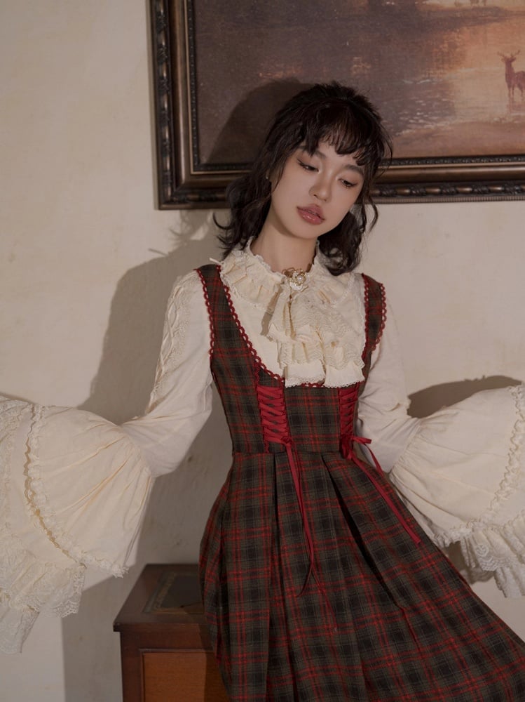 Plaid Classic Dress Details Lace-Up Brown Elegant Reddish Lolita with