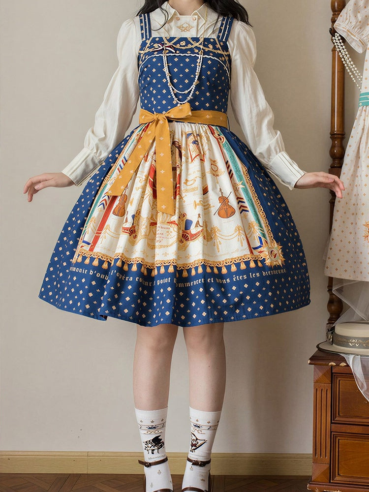 Dark Blue Musical Print Elegant Lolita Jumper Skirt - Crucis Universal Tailor Company