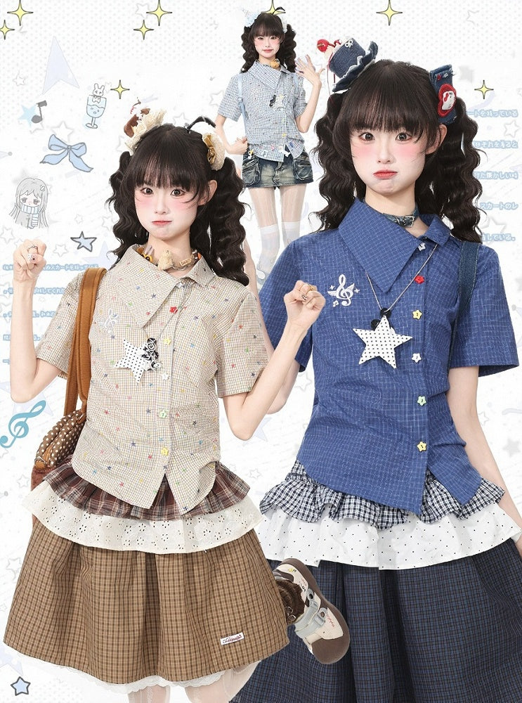 Asymmetric Star Print Shirt with Music Note Pendant - Languid Park
