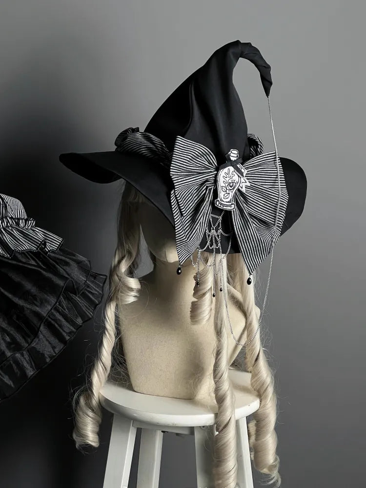 Black / Red Big Bow and Spider Web Chain Decorated Gothic Lolita Witch Hat
