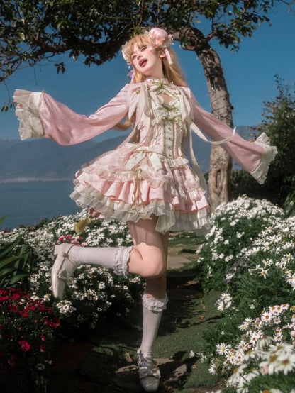 Sakura Pink Corset Waist Qi Lolita Dress with Big Bow Cherry Blossom Festival Outfit