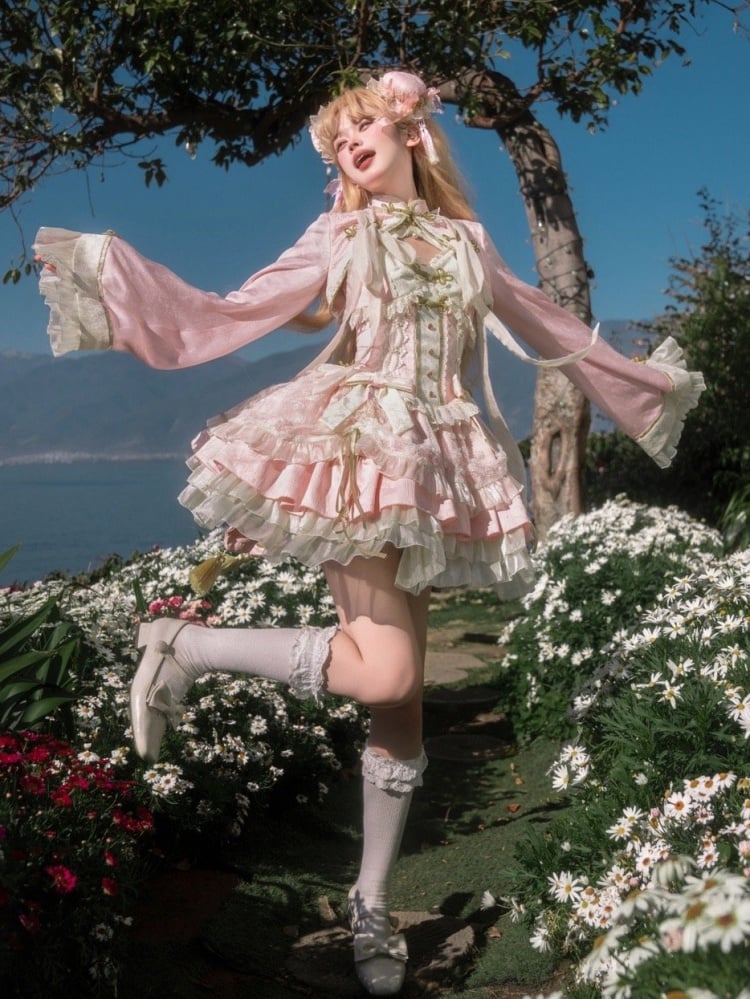 Sakura Pink Chinoiserie Style Corset Dress Set Cherry Blossom Festival Outfit