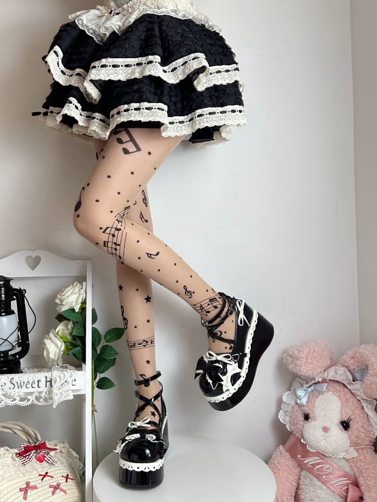 Pantyhose Semi-sheer Print Note Musical Nude / Black