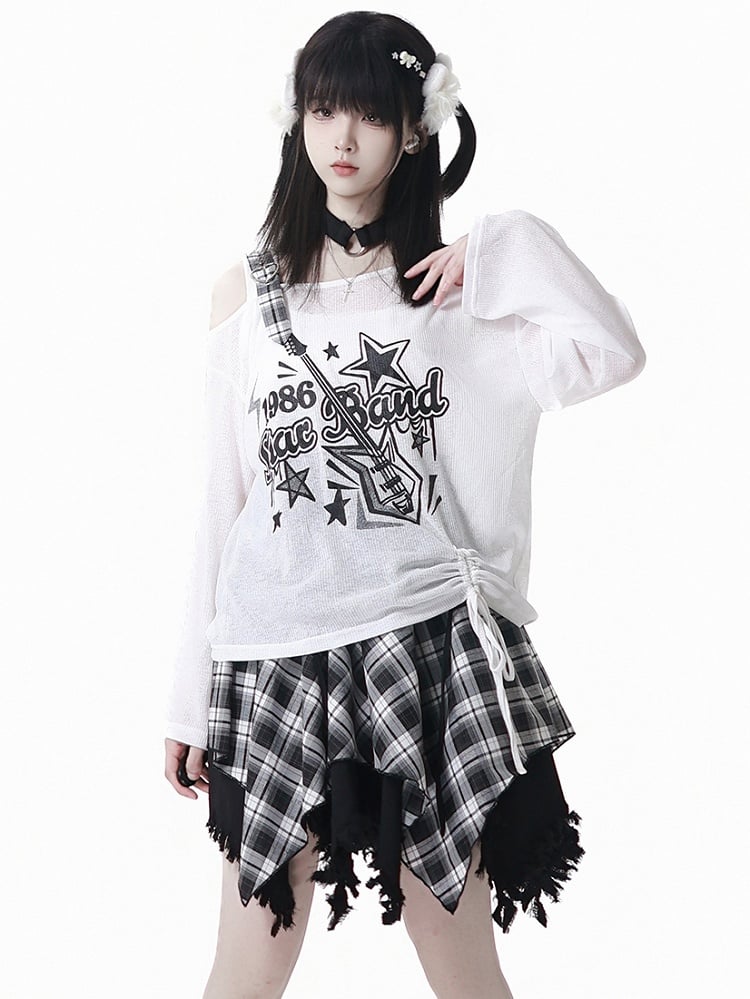 チェック柄スカート ホワイト/ブラック ほつれたハンカチ裾 ブルー