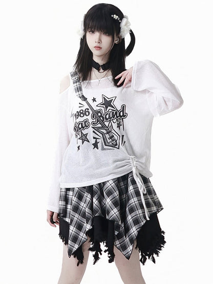 チェック柄スカート ホワイト/ブラック ほつれたハンカチ裾 ブルー