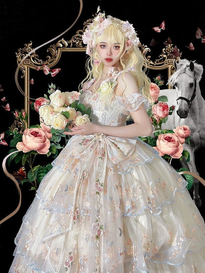 Wrist Full Painting-Inspired Apricot Lolita Skirt + Set Short Elegant Embroidered Cuffs Hanayome JSK - Oil Extension Large Floral Dress White Bow Brooch